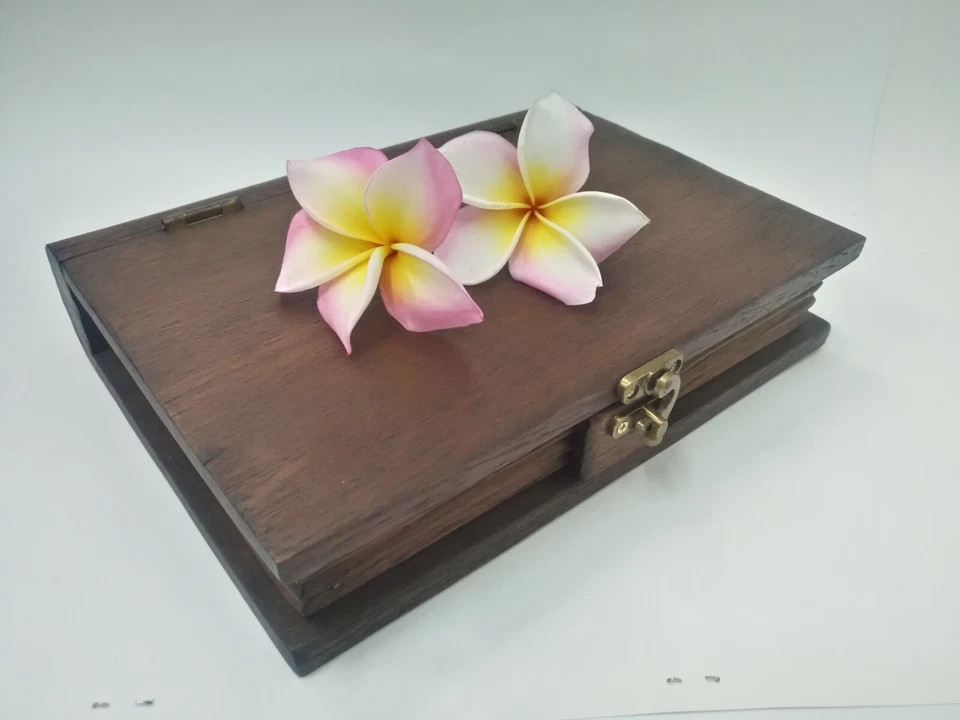 Wooden Box Book Shaped Teak Handmade Trinket Storage Collectibles Gift Vintage - Image 1 of 4