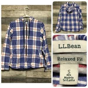 LL Bean Relaxed Fit Hooded Flannel Women’s S Reg White Blue Full Zip Pockets - Picture 1 of 9