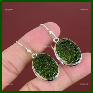 Mothers day Deal Oval Natural Moldavite Drop Hook Earrings Jewelry 925 Silver - Picture 1 of 6