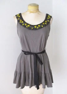 NWT Anthropologie Deletta gray knit tank top citron beading tie belt ruffle M - Picture 1 of 5