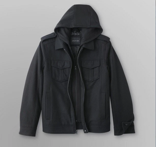 Men's Winter heavy quilted black Wool Blend Hooded jacket overcoat size XXL new - Image 1 of 1