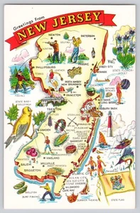 Postal saludos desde mapa del estado de Nueva Jersey bandera pájaro flor sin publicar JF1.35 - Imagen 1 de 2