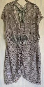 PRETTY ANGEL Tunic Dress Lace Mesh Boho Linen Blend Asymmetric w Rosettes Grey L - Picture 1 of 19