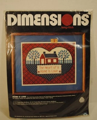 New in Pkg. Dimensions Long Stitch Kit "Home is Love" Americana, 14" x 11" 1984 Foto 1 de 3