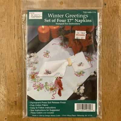 Tobin Estampado para Servilletas Bordadas-Juego de 4-Saludos de Invierno, 17" Poli-Algodón Foto 1 de 3