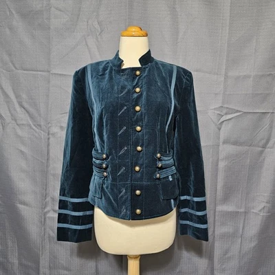 Chaqueta estilo militar de terciopelo verde azulado Together talla 10 botones de bronce con cordones en la espalda Foto 1 de 4