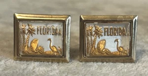 Vintage Florida Cufflinks Tree & Flamingo Gold Tone - Picture 1 of 7