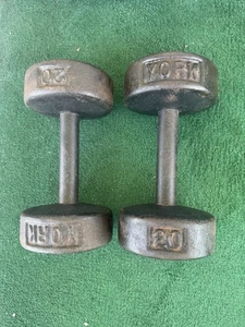 YORK BARBELL Roundhead Vintage DUMBBELLS Pre USA Pair Of 20 LBS - Picture 1 of 5