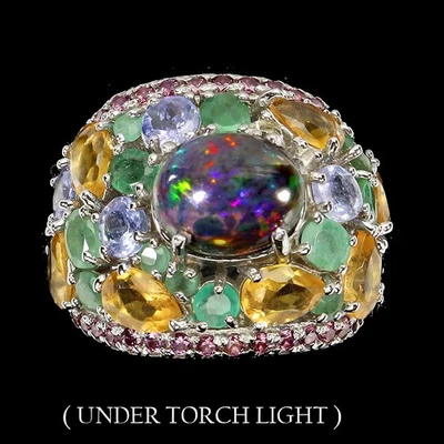 Anillo de plata de ley 925 ovalado ópalo negro esmeralda piedras preciosas naturales joyería talla 8 Foto 1 de 4