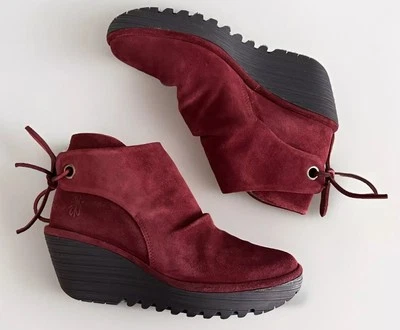 Fly London Ankle Booties Wedges US Size 8.5 Burgundy Suede EUC - Image 1 of 4