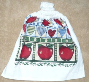 1 Häkelspitze hängendes Küchentuch Äpfel Herzen Knöpfe, einzelnes weißes Garn - Bild 1 von 1
