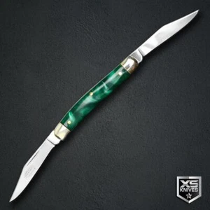 6.75" Slim Tactical 2-Blade Manual Folding Canoe Pocket Knife Green Pearl Handle - Picture 1 of 3