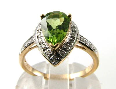 9K 9CT GOLD PEAR PERIDOT DIAMOND ART DECO INS CLUSTER HALO RING FREE RESIZE - Image 1 of 4