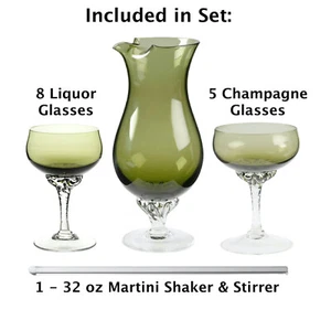 1980s Sasaki Coronation Dark Green Hawthorne Blown Glass Cocktail Set (15 pcs) - Picture 1 of 10