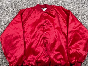 VTG 80s Satin Snap Button Bomber Jacket Adult XL Red Auburn Tag Lined USA Made - Picture 1 of 12