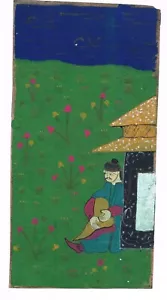 Miniature Painting Of A Man With Hut Sitting In Garden On Paper 4.5x9 Inches - Picture 1 of 6