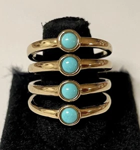 GORGEOUS SIGNED FP 14k YELLOW GOLD ELECTROFORM RESIN 4 ROW TURQUOISE RING - Picture 1 of 12