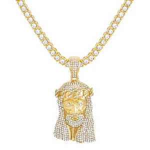 Men's Bling Gold & Rhodium Plated Iced CZ Jesus Pendant 24" Tennis Chain TMP 702 - Picture 1 of 6
