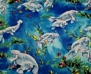 Timeless Treasures Reef C3148 With Manatees 100% COTTON Fabric 1 Yd - Picture 1 of 2