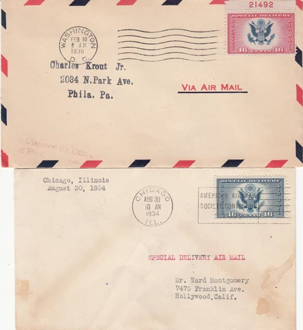 1934-6 Two FDCs Air Post Special Delivery CE1 & CE2 (Plate Single) Cover