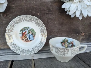 Vintage Limoges USA 22K Gold Gentlemen Courting Teacup And Saucer - Picture 1 of 11