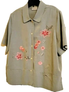 Napa Valley Women's Olive Green Short Sleeve Floral Embroidery W/Pockets Size L - Picture 1 of 7