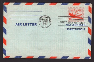 US FDC SC# 0000, 10 cents Aerogram, no address, Washington DC, April 29, 1947 - Picture 1 of 1