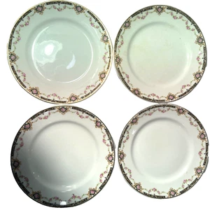 Set di quattro piatti da dessert 7" D E McNicole ~ rose rosa East Liverpool ~ nero e oro - Foto 1 di 7