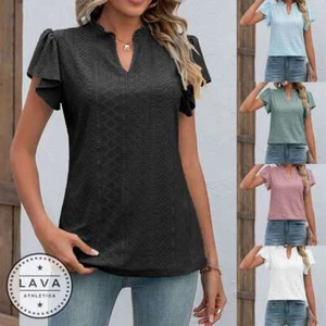 Womens V-Neck Lace T-Shirt Tops Ladies Short Sleeve Summer Casual Blouse Shirt - Picture 1 of 17
