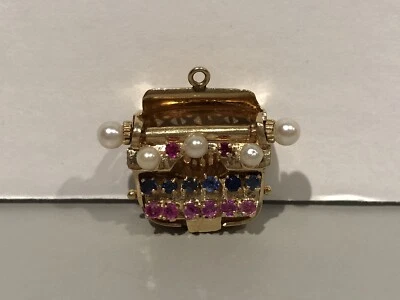 Vintage 14K Yellow Gold Typewriter Charm Pearl Ruby Sapphire Bracelet Charm RARE - Image 1 of 4