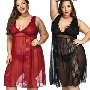 Women's Sexy Long Nightgown Sheer Lingerie Dress Lace Nighty Sleepwear Plus Size - Picture 1 of 27