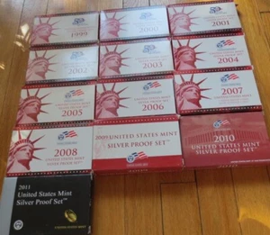 1999 to 2011 Silver Proof Set U.S. Mint COA 13 Silver Sets with Silver Quarters - Picture 1 of 14