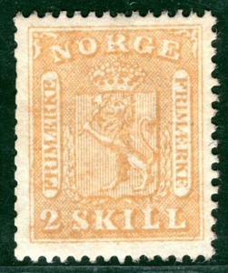 NORWAY Classic Stamp Scott.6 2sk Yellow (1863) ARMS Mint MM Cat $1,250- LGREEN21 - Picture 1 of 6
