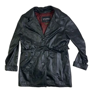 Wilsons Black Leather Thinsulate Trench Coat Women's Large Belted Zip Out Lining - Picture 1 of 8