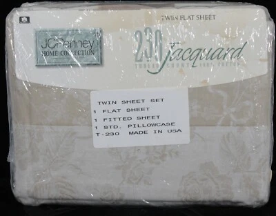 J C PENNEY JACQUARD BEIGE 230 COUNT 100% COTTON TWIN SHEET SET NEW WITH TAG - Image 1 of 2