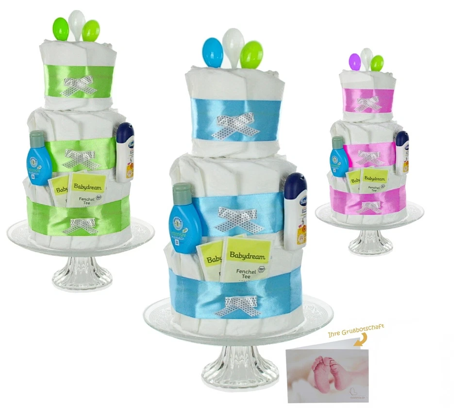 DUBISTDA.DE Windeltorte in blau grün rosa - Geschenk zur Geburt für Junge Mädchen + neutral