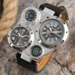 Oulm Military Watch Unique Design Two Time Zones Steampunk Wristwatch for Men - Picture 1 of 12