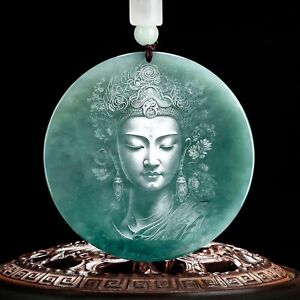 Natural Grade A Jade Jadeite Men Women Lucky Carved Guanyin Buddha Round Pendant