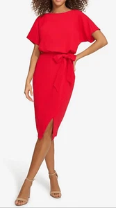Kensie Dress Size 10 Red Boat Neck Tie Front Blouson Short Sleeve NEW - Picture 1 of 9