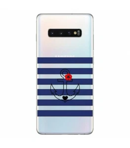 Coque Galaxy S10 ancre raye fleur coeur bleu transparente - Photo 1 sur 1