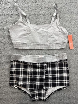 Colsie Womens Size XL Gray Plaid Bralette & Boy Shorts Set - Image 1 of 4