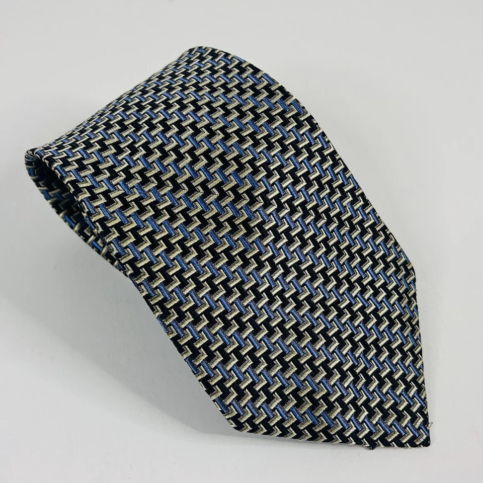 Corbata Jhane Barnes 100 % seda geométrica azul dorado tejida 3 3/4 x 59 1/2 Japón Foto 1 de 3