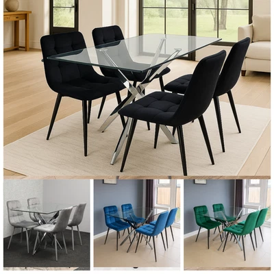 Dining Table and 4 Velvet Chairs Chrome Legs Set Home Furniture - Image 1 of 4