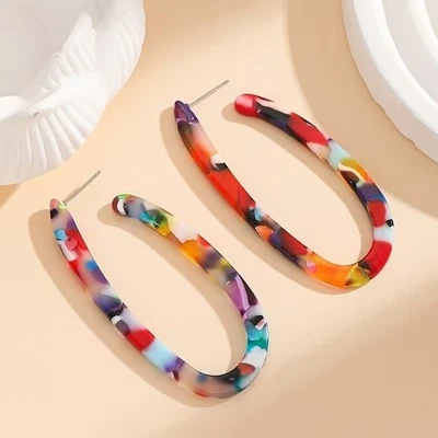 Colorful Tortoise Shell Oval Hoop Acrylic Earrings Women - Image 1 of 2