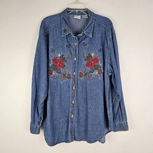 Vintage Bobbie Brooks Weihnachtsshirt Damen Denim bestickt Poisettias XL  - Bild 1 von 8