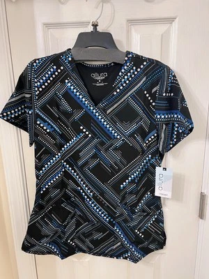 Allura By Cherokee Scrub Top Size Small NEW black with blue print - Image 1 of 4