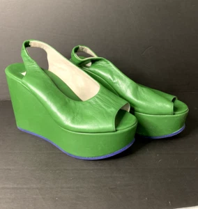 Fausto Santini 39/8.5 Kelly Green Leather Peep Toe Platform Wedge Sandals Shoes - Picture 1 of 7