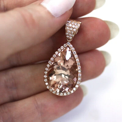 Colgante lágrima diamante morganita melocotón natural 13,8 quilates oro rosa sólido 14 k Foto 1 de 4