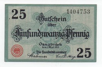 GERMANY OSNABRÜCK 25 PFENNIG 1917 RED STAMPED NOTGELD EMERGENCY MONEY LOOK SCANS - Image 1 of 2