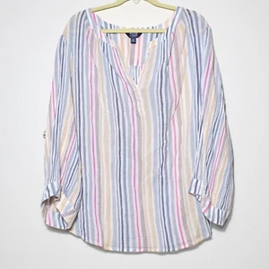Top donna Chaps Popover cotone leggero manica lunga a righe floreale costiero taglia 3X - Foto 1 di 5